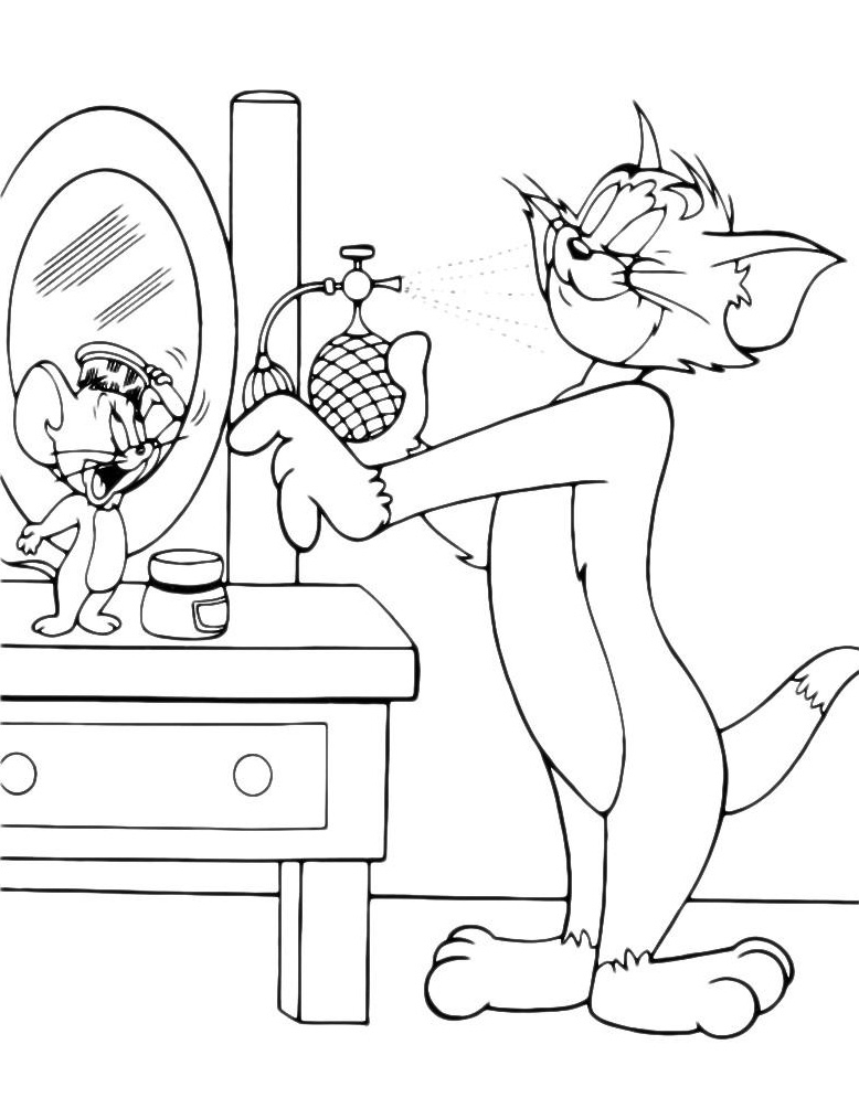Раскраска Том и Джерри прихорашиваются у зеркала