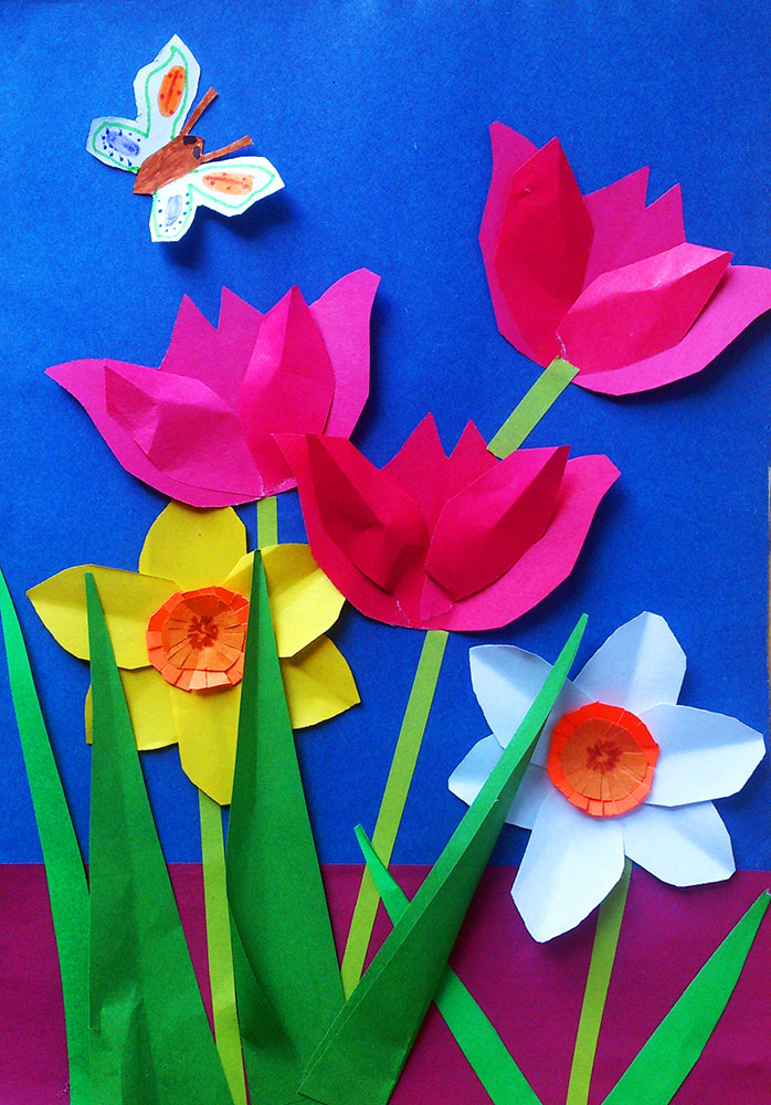 Весенний букет из бумаги. Аппликация цветов. Объемная аппликация цветы. Весенняя аппликация. Поделка весенние цветы.
