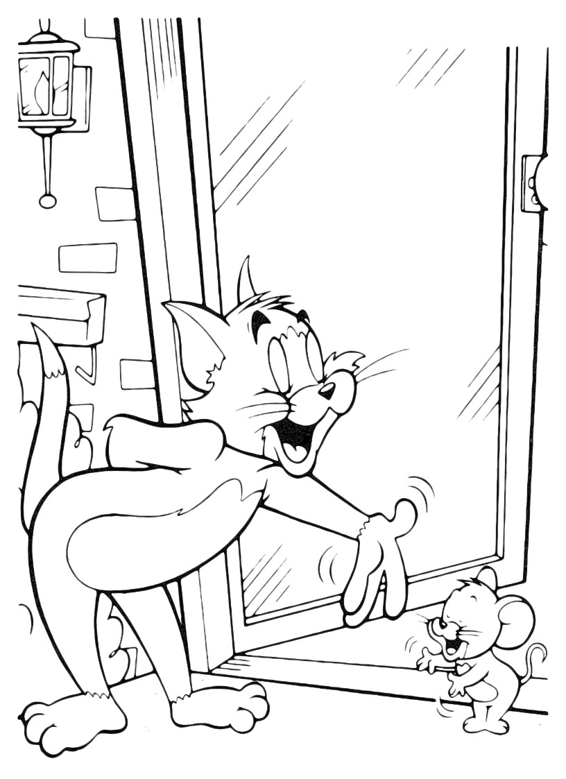 Раскраска Том и Джерри приглашают друг дружку войти